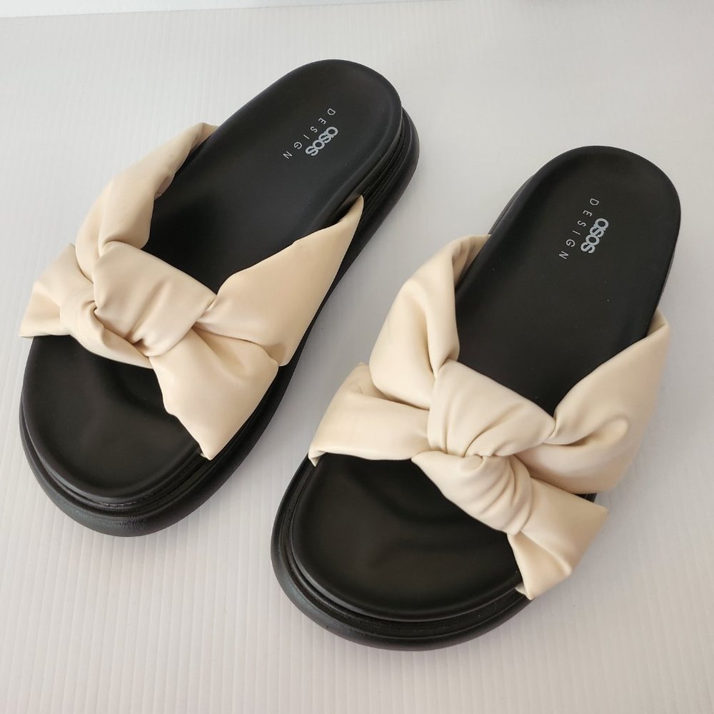Asos Design Chunky Sandals Light Beige / Cream Slides Knot Top Size 8 Womens - Picture 5 of 9